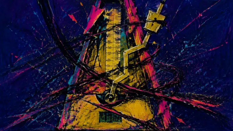 Rhythm Under Siege A deformed metronome trapped in a dense tangle, representing anxious message checking and lost inner