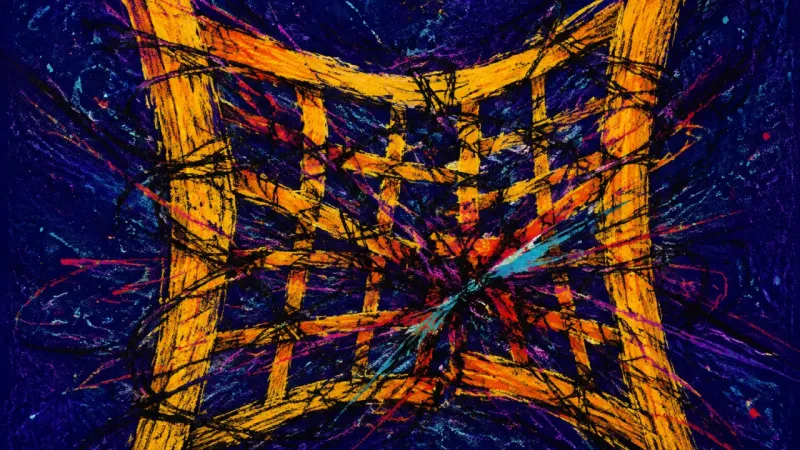 Trellis Under Strain A crushed trellis bound by chaotic lines represents exhaustion and lost boundaries in an overwork,{