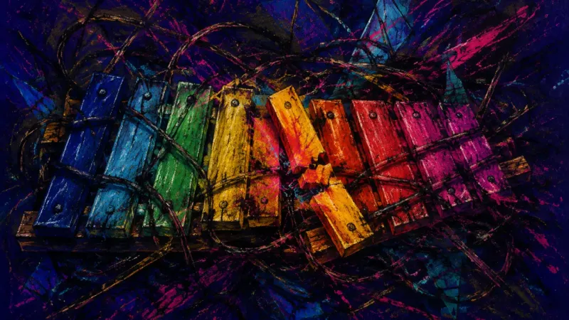 Rhythm Under Siege A distorted xylophone represents shame-driven study resets, tangled repetition, and the oppressive