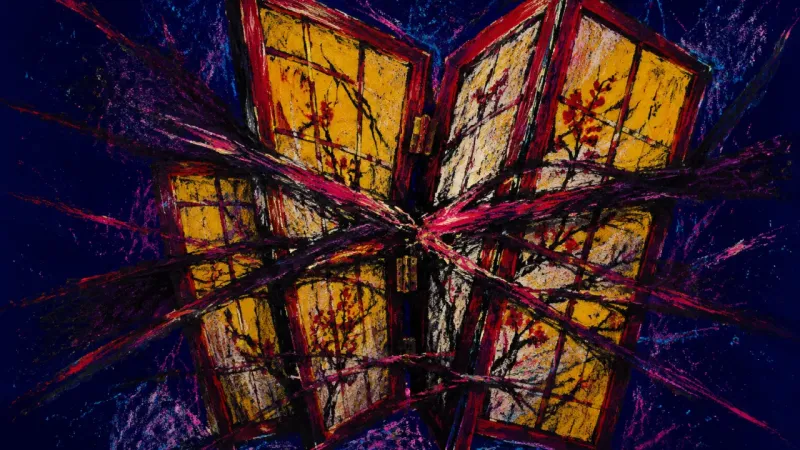 Partitions Under Pressure A room divider crushed into tangled panels, representing compulsive rereading, relational suspicion,