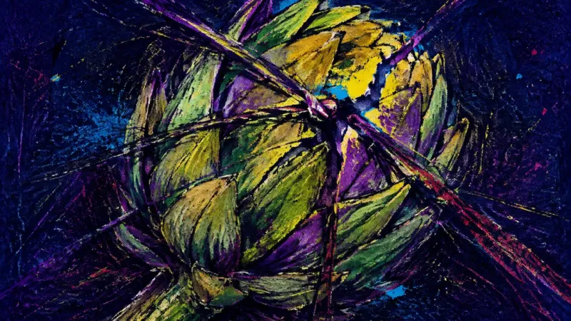 Layers Under Siege An artichoke forced apart and bound by chaotic lines, representing relocation loneliness, premature