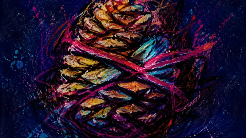 A compressed pinecone bound by chaotic lines represents exhaustion, guarded energy, and personalu
