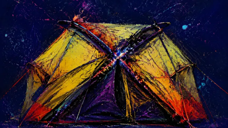 A collapsed tent bound by crossing lines, representing analysis paralysis and the fear that makes f