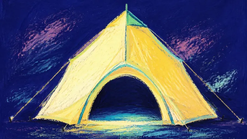 A restored tent with an open arch and balanced supports, representing self-trust through a bounded, 