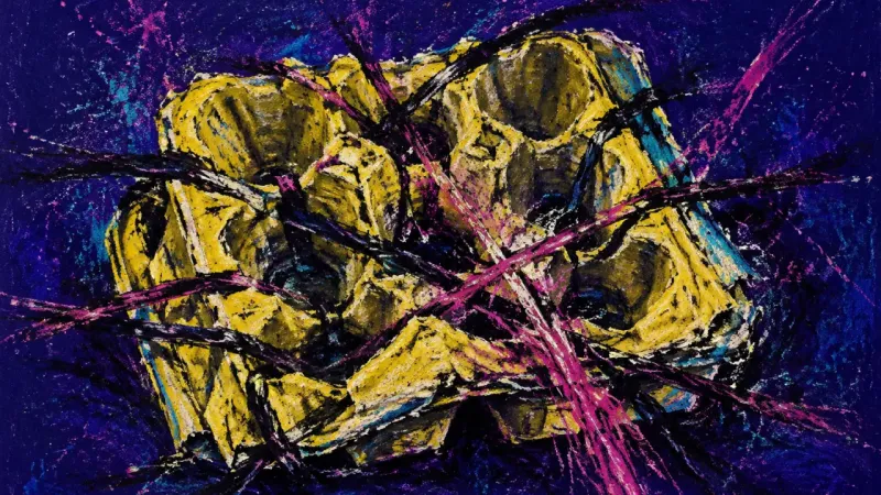 Collapsed Timeline An abstract crushed egg carton representing social comparison, rigid timelines, and the pressure to