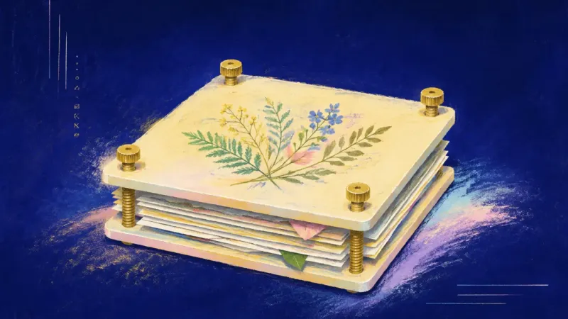 The Press Unbound A restored flower press with orderly plates and open intervals, representing clear communication,rec
