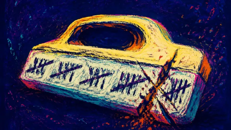 A whiteboard eraser carved through with tally marks, symbolizing endless self-scoring and compulsive