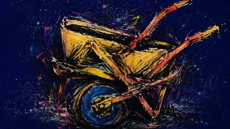 A wheelbarrow crushed by tangled lines, representing anxious overcommitment and blocked recovery