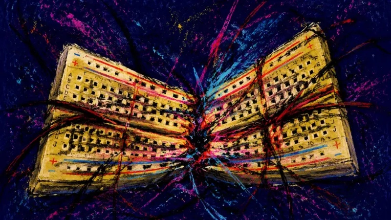 Untested Circuit An electronics breadboard crushed by tangled lines, representing academic overconfidence that keeps