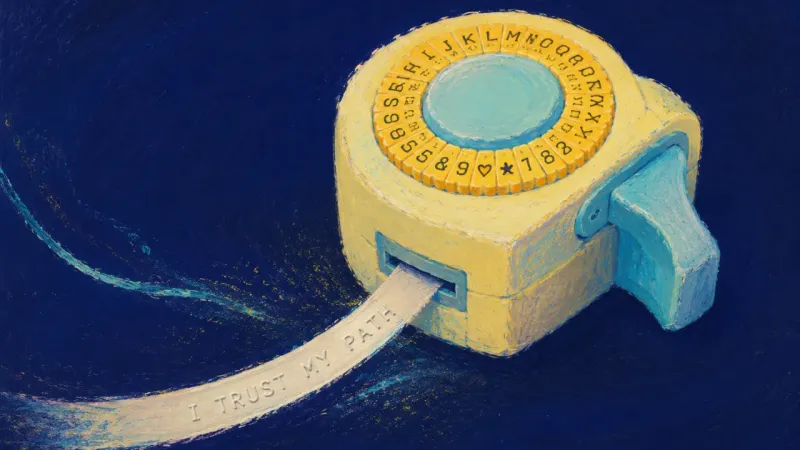 A restored label maker releases one unbroken strip, representing selective honesty, clear boundaries
