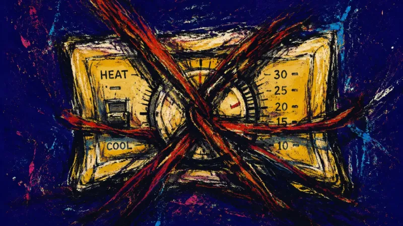 Jammed Contact Dial A distorted thermostat representing the contact-or-cutoff cycle and fear of losing family belonging.