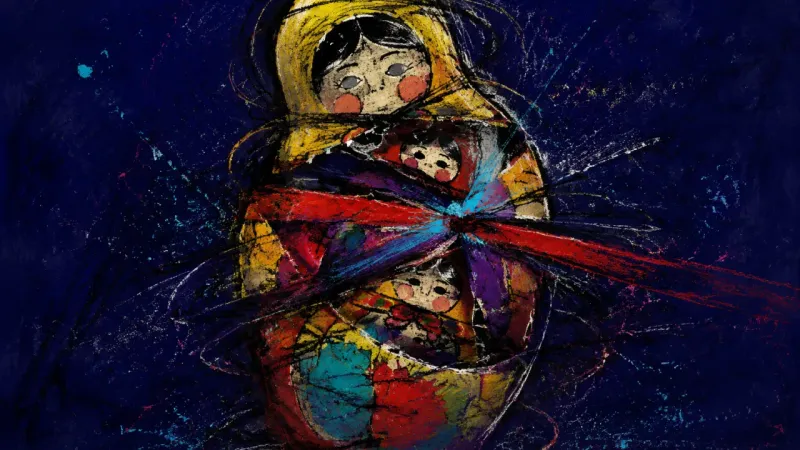 A nesting doll set crushed into one tangled form, representing spiritual reassurance that compresses