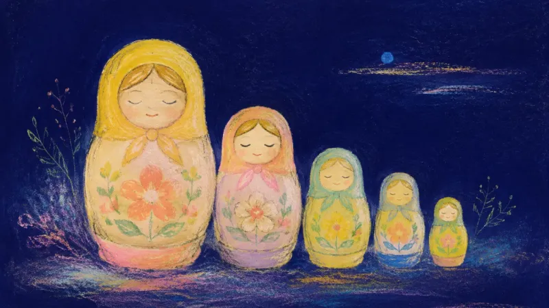 A nesting doll set restored in measured order, representing self-trust that lets restorative comfort