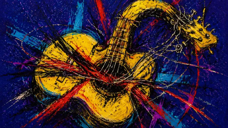 Strangled Strings A distorted guitar trapped in knotted lines, representing metric-driven procrastination and the12