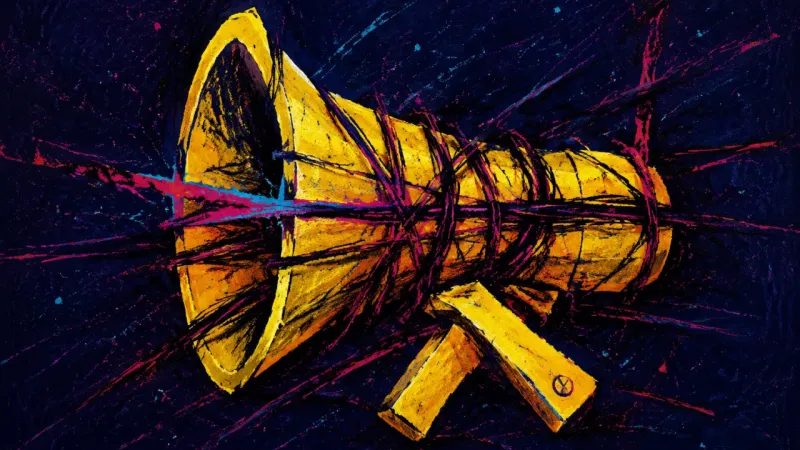 A crushed megaphone bound by chaotic lines represents productive procrastination and the loss of