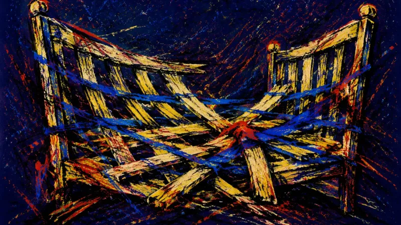Frame Without Rest A crushed bed frame tangled by competing lines, representing restless planning that prevents routine