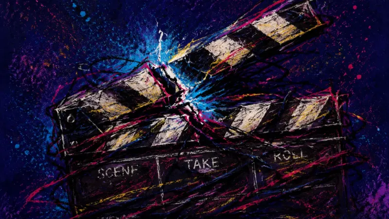 Clapperboard Lockout A crushed clapperboard bound by chaotic lines, representing off-script choice paralysis and an 