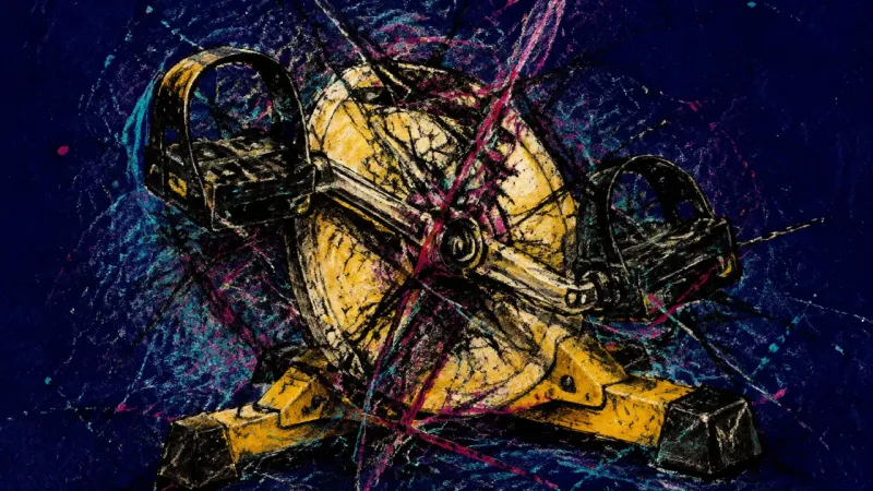The Stalled Cycle A pedal exerciser crushed into a locked cycle, representing career ambivalence, over-analysis, and