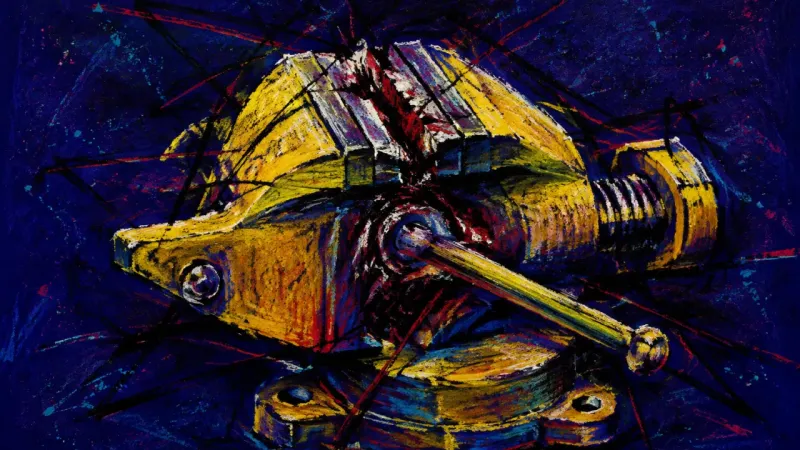 Crushed Relevance A distorted bench vise bound into an unreadable knot, representing anxious overwork and fear ofPT1