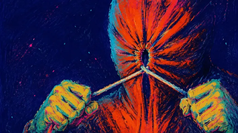 Exit Before Evidence Abstract hands pull a hood closed around a faceless head, symbolizing withdrawal after one missed