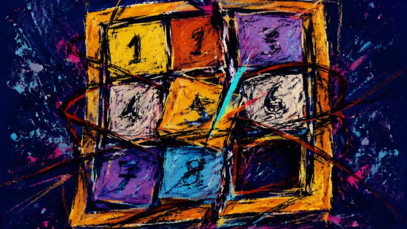 A sliding tile puzzle crushed into a tangled grid, symbolizing betrayal rumination and the belief,