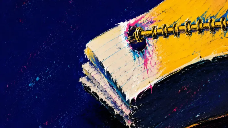 A spiral journal torn apart around one unfinished page, symbolizing the emptiness concealed by the t