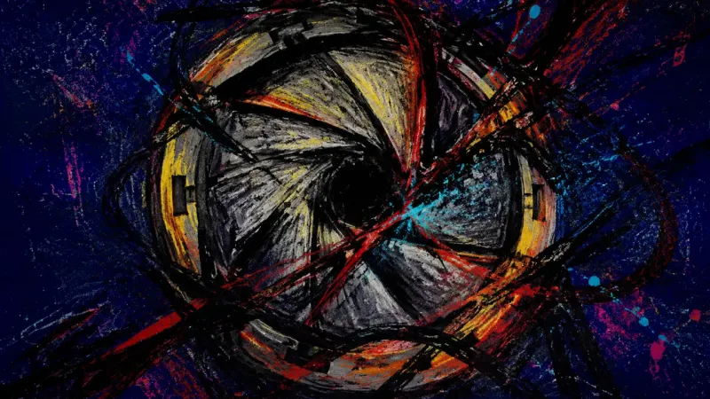 A camera aperture crushed shut by tangled forms, representing toxic positivity suppressing emptiness