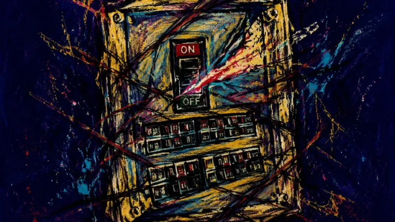 Permission Gridlock A distorted circuit breaker panel bound by chaotic lines, representing permission-seeking procrast