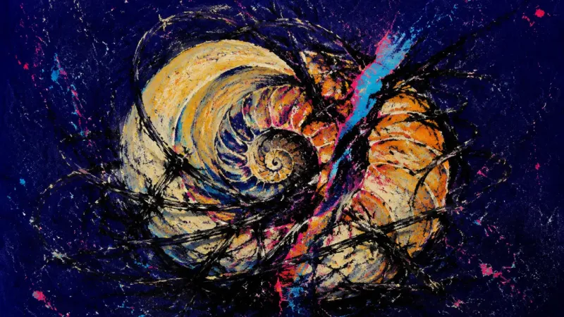 A crushed nautilus shell bound by chaotic lines, representing comparison-driven urgency and the loss