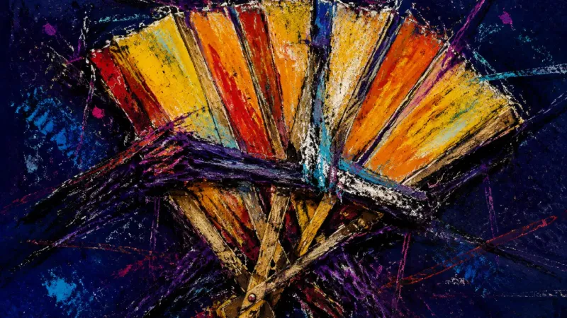 Fan Under Verdict A crushed hand fan bound into a dense knot, representing post-conflict apprehension and the belief4
