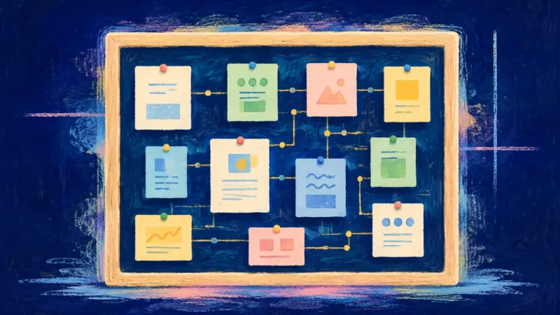 Open Network A bulletin board restored to an orderly network of notices, representing clear contribution, mutual