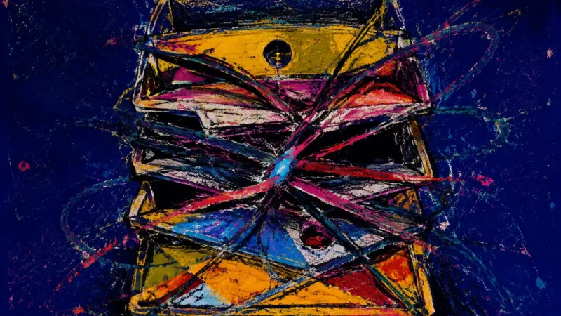 A crushed letter tray bound by chaotic lines, representing post-deadline overwork, blocked recovery,