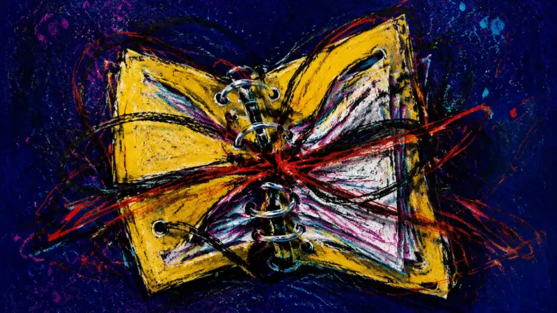 Binder Under Pressure An abstract ring binder crushed by tangled lines, representing shame-driven avoidance and fear of a