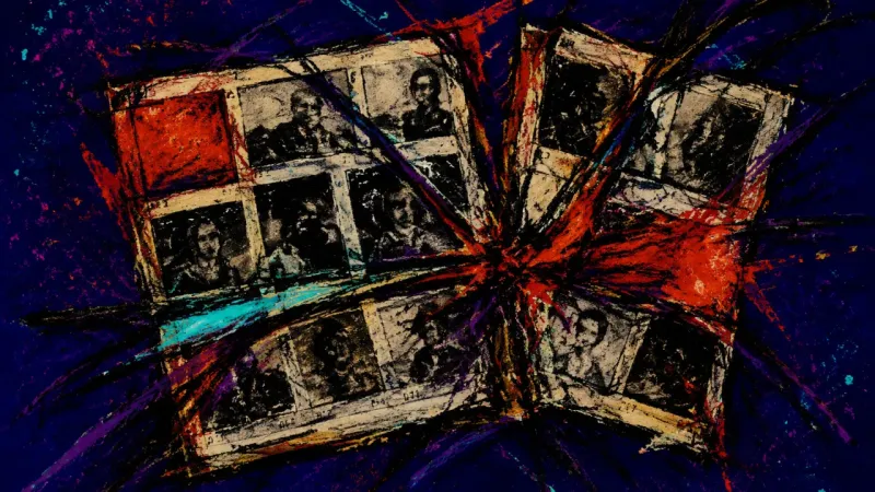 Compressed Evidence A distorted contact sheet with overlapping image frames, representing humiliation, obsessive proof
