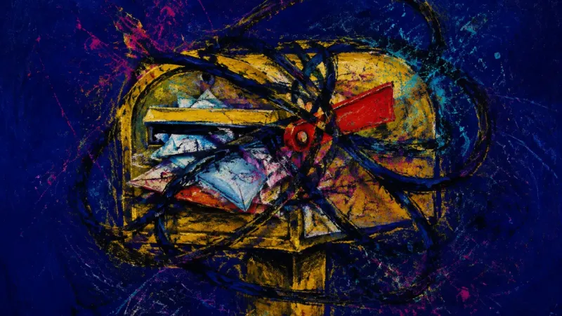 Sealed Signal An abstract jammed mailbox representing the fear of direct rejection and the confusion created by|||