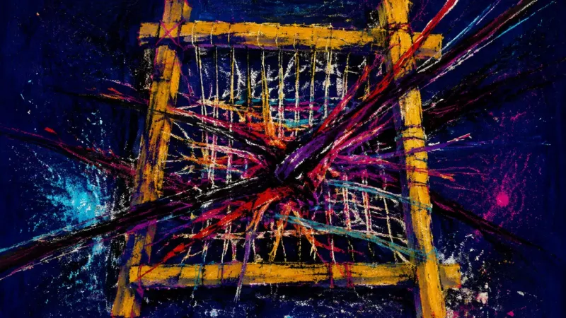 The Seized Loom A tangled loom representing family-boundary paralysis, with repeated patterns collapsing under||||