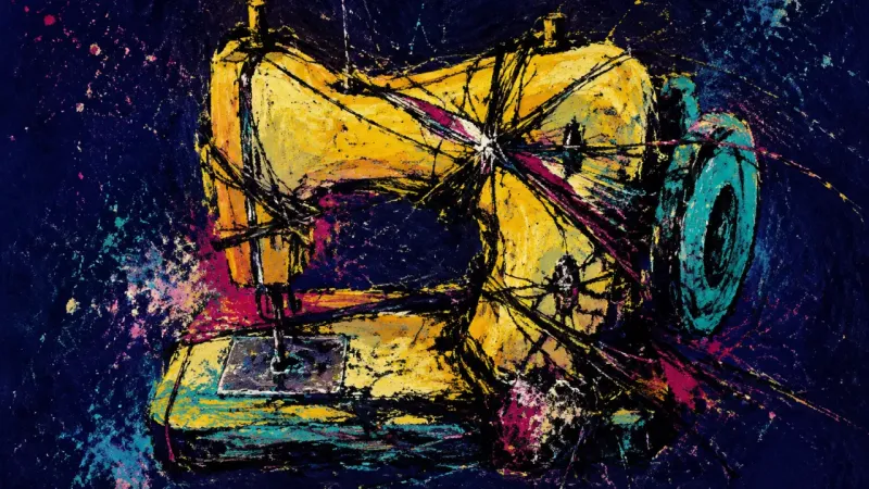 The Jammed Verdict A distorted sewing machine trapped in tangled lines, representing recursive self-doubt and the