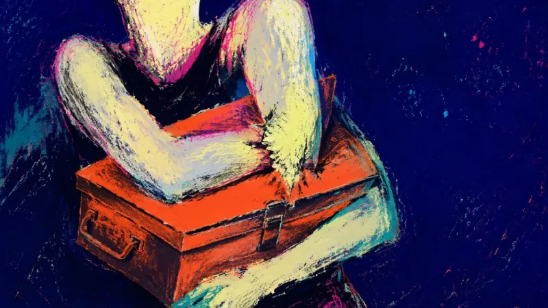 A faceless figure crushes a keepsake box against their ribs, symbolizing fear that accepting help’ll