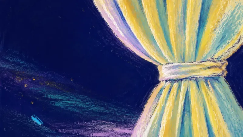 Curtain Unbound An opened curtain represents perfectionism easing into a bounded creative pitch, balanced feedback,,