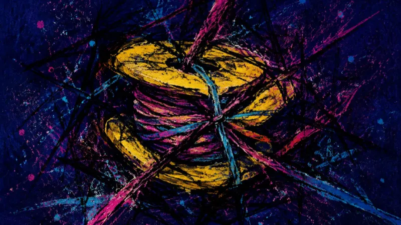 Closed Attention Loop An abstract spool crushed into a tangled knot, representing jealousy and fear of being replaced when