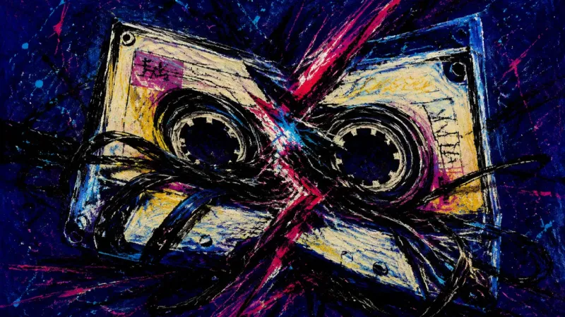 A cassette tape crushed around tangled playback loops, representing study effort trapped in repetit‌