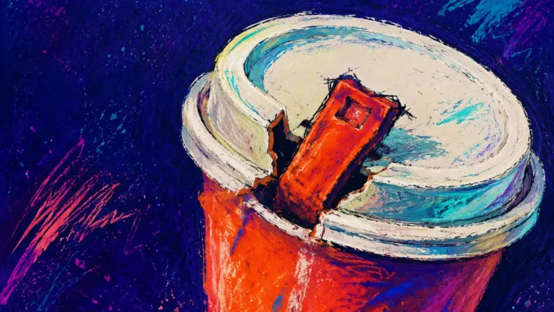 The Reassurance Bite A takeaway cup lid chewed into a jammed ring, symbolizing compulsive disclosure when group belonging