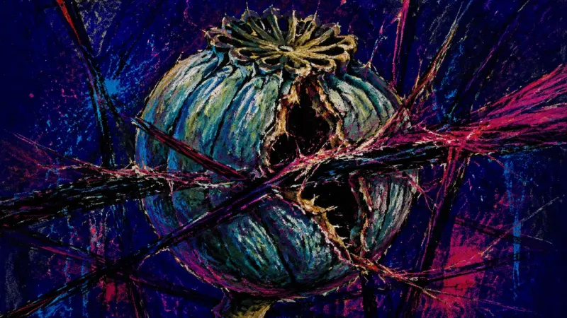 Ruptured Containment A crushed poppy seed head bound by chaotic lines represents reactive oversharing driven by uncertain
