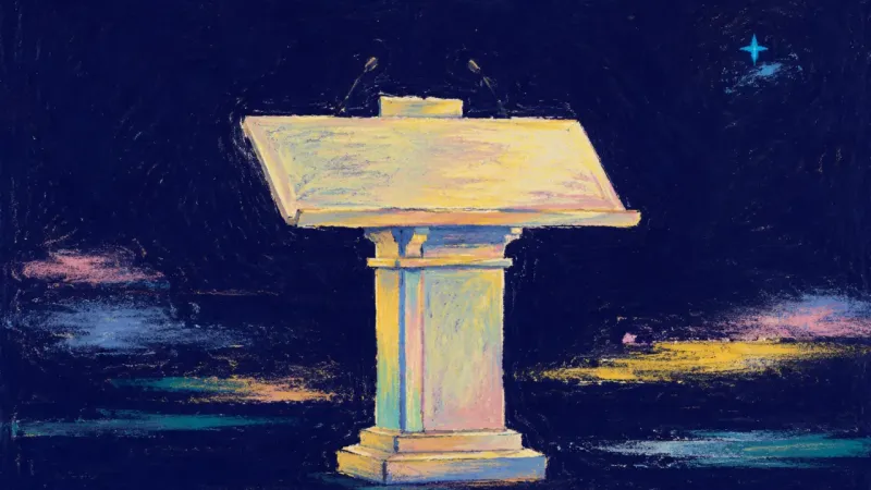 Voice Holds Shape A restored lectern with balanced supports, representing adult self-trust and calm, bounded l