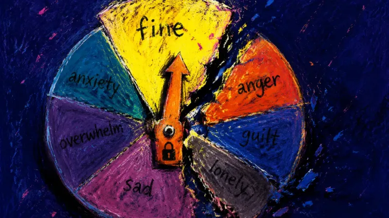 A damaged mood wheel jammed on 'fine,' symbolizing the pressure to conceal longing by translating 