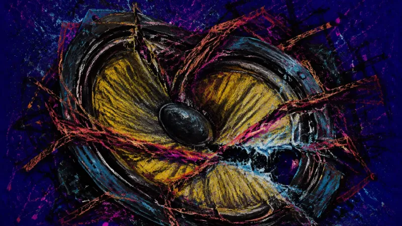 Voice Under Compression A crushed speaker cone bound by chaotic lines, representing suppressed longing and the pressure to