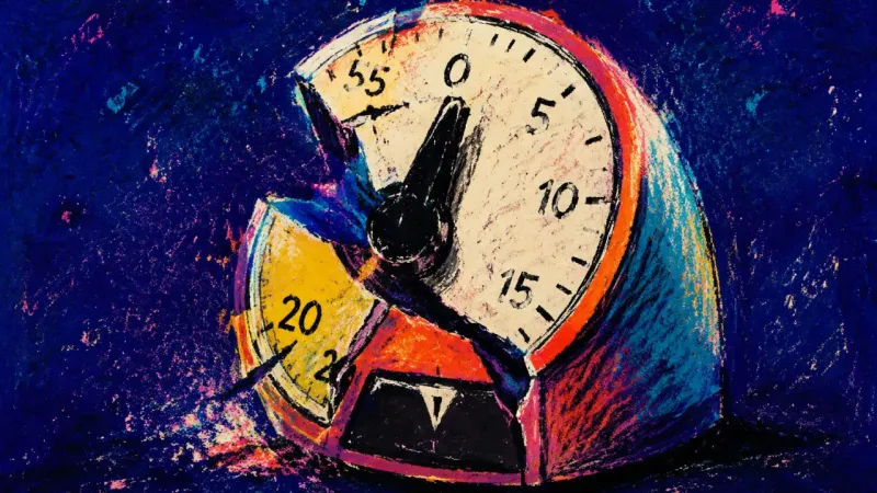 A kitchen timer jammed between twenty minutes and zero, symbolizing how small choices are postponed