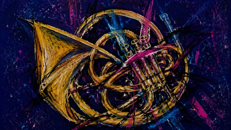 A crushed French horn bound into a tight knot, representing existential drift, suppressed grief, and
