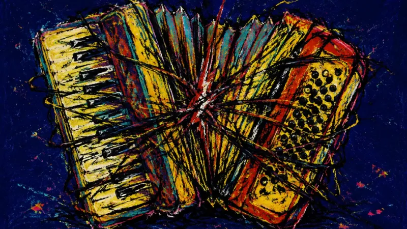 Voice Under Compression A crushed accordion bound by chaotic lines, representing ambivalence and the oppressive suspension
