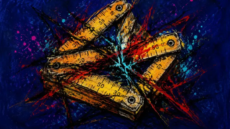 A folding ruler crushed into a chaotic zigzag, representing overwork and fear that rest could cost a